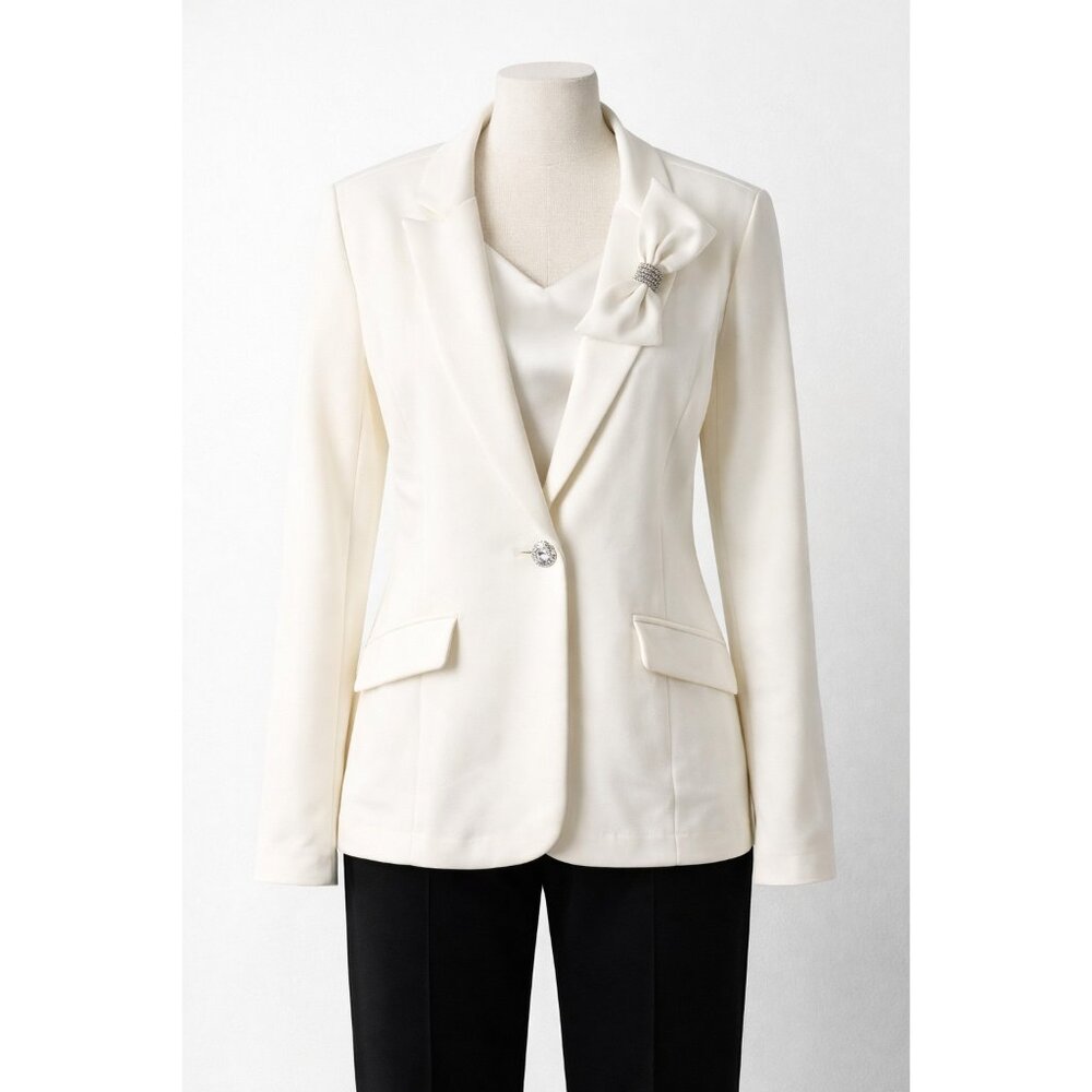 Women Ivory Blazer Jacket‎ Embellished Rhinestone Button Size L